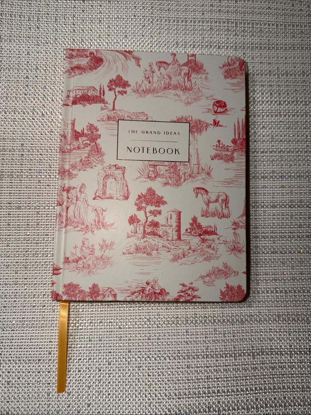 White Red Toile Print Ivory lined pages hard cover journal with a book mark